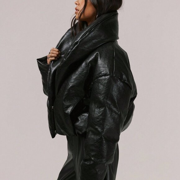 Black Casual Women's Thick Padded Fold Over Collar Faux Leather puffer Coat - Picture 3 of 5